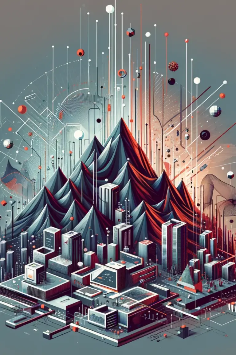 Abstract data-driven cityscape emerging from a stylized mountain range
