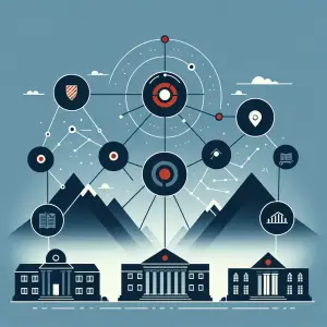 Network diagram linking university buildings with tech icons above mountainous horizon