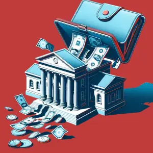 Illustration of a university-style building overflowing with cash from an open wallet, symbolizing funding for academic innovation.