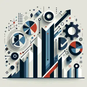 Abstract illustration of data charts, gears, and growth arrows representing innovation and analytics.
