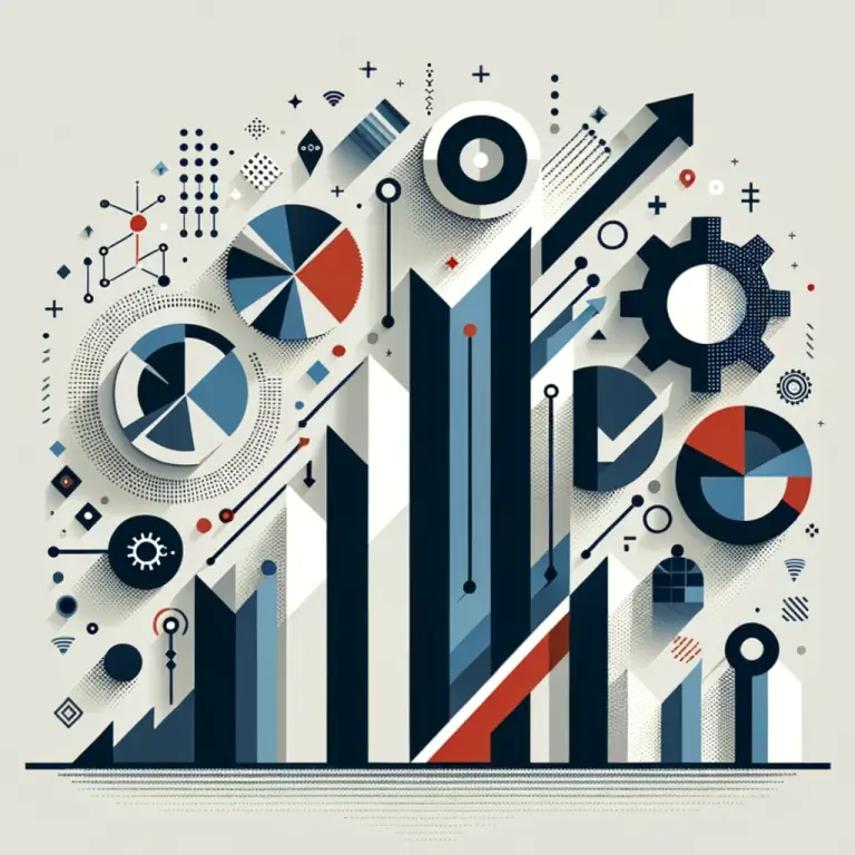 Abstract illustration of data charts, gears, and growth arrows representing innovation and analytics.