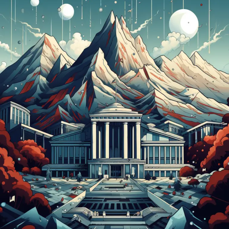 Stylized illustration of a grand university building at the base of towering mountains under a cosmic sky