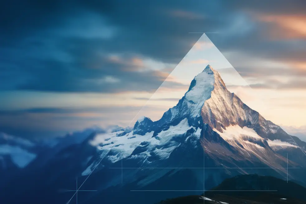 Snow-covered mountain peak framed by geometric lines, symbolizing growth, elevation, and vision