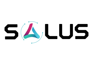 Salus Logo featuring a stylized triangular symbol with orbital dots integrated into the wordmark