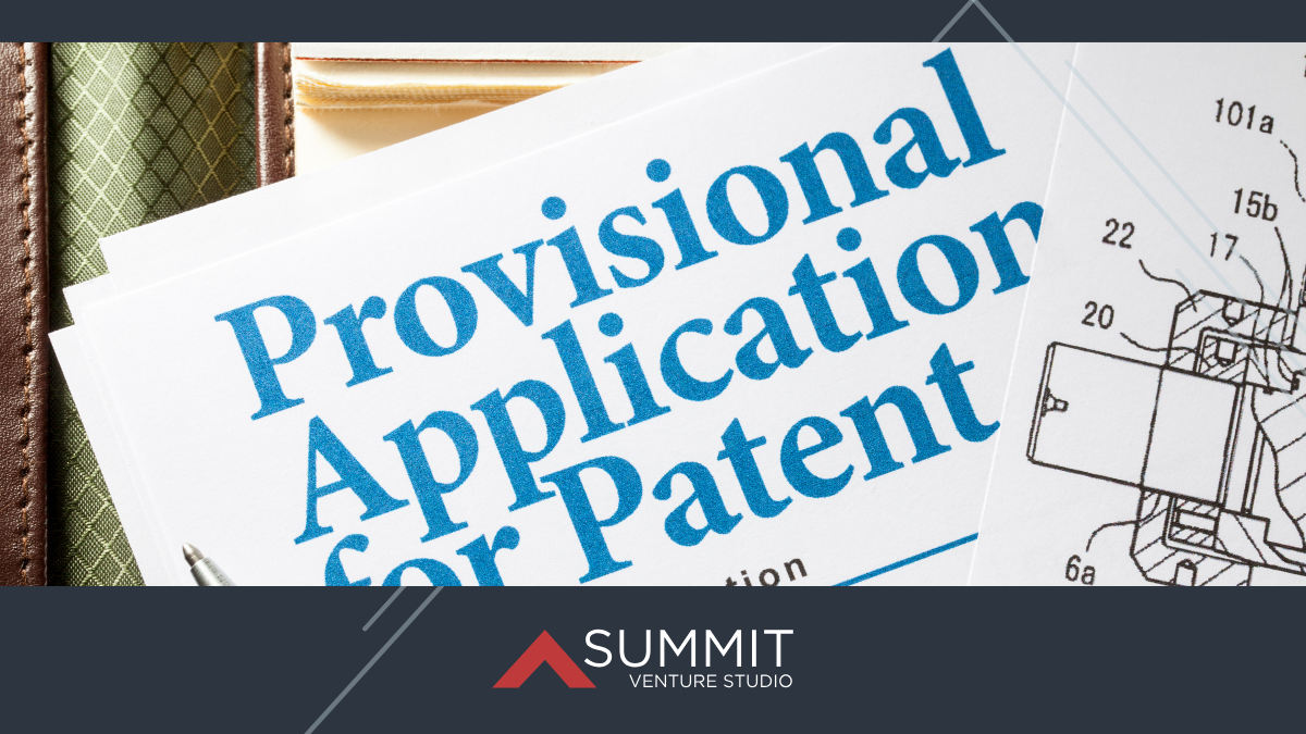 Close-up of a document titled “Provisional Application for Patent” next to a technical drawing, symbolizing intellectual property and patent filings.