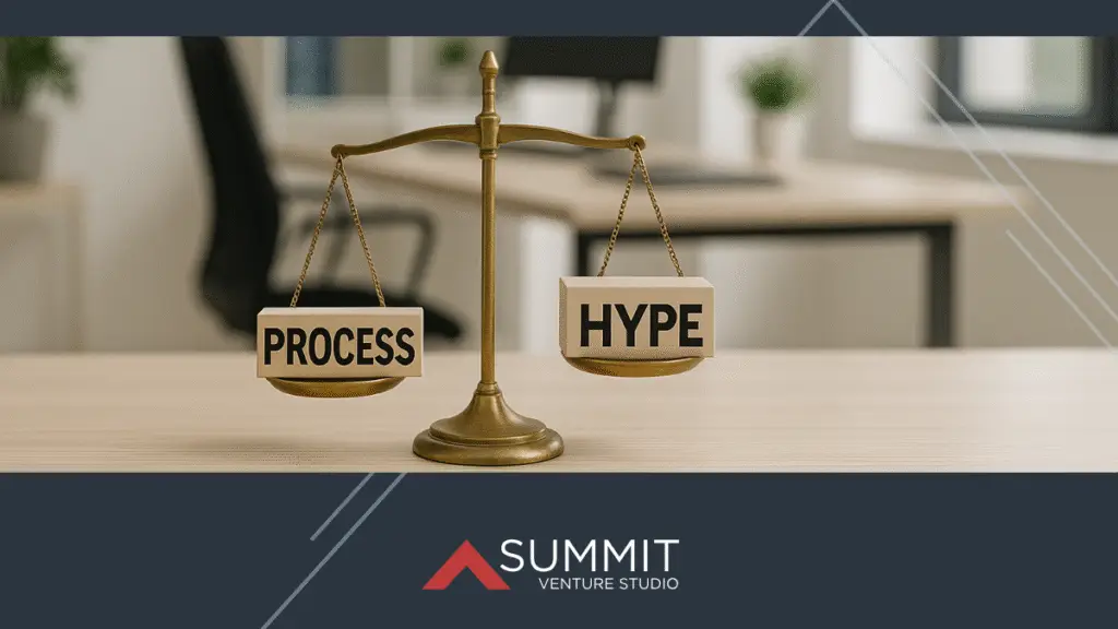 A brass balance scale sits on a light wooden desk in a modern office, weighing two blocks labeled “PROCESS” and “HYPE,” with the “PROCESS” block positioned lower to suggest greater weight. The Summit Venture Studio logo is displayed below.