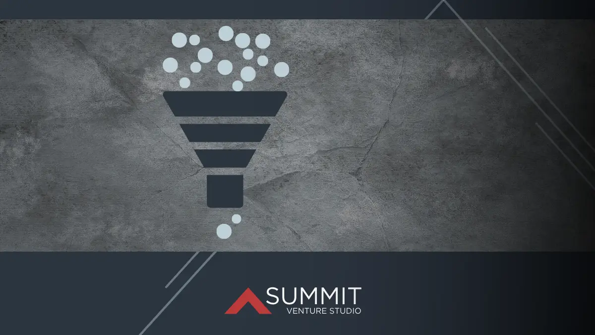 Abstract funnel illustration with circles filtering through, symbolizing how founders evaluate and narrow down university intellectual property opportunities