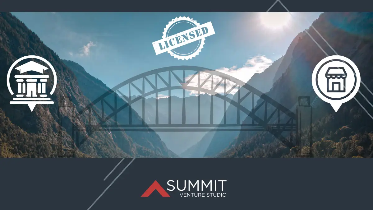 Illustration of a bridge connecting a university building icon on the left and a storefront icon on the right, symbolizing the licensing process that moves research into the marketplace.