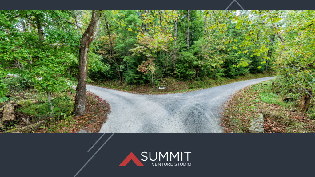 A forked country road in a wooded area, symbolizing a decision point with two possible directions.