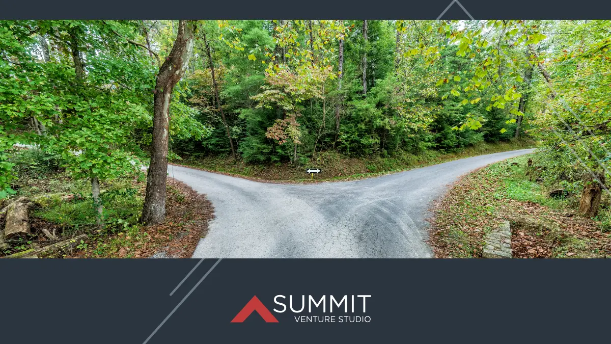 A forked country road in a wooded area, symbolizing a decision point with two possible directions.