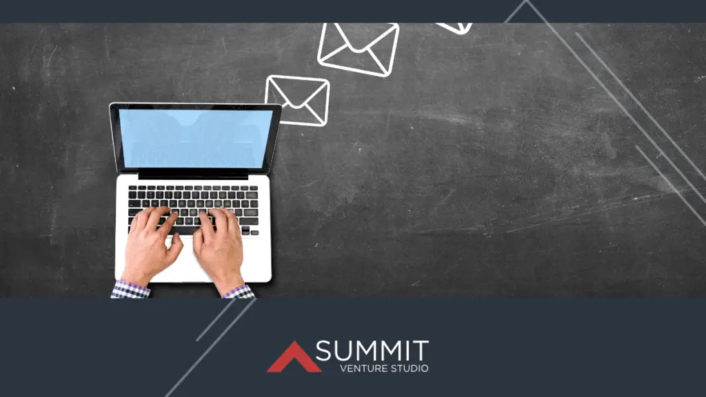 Hands typing on a laptop with envelope icons drawn above, symbolizing persistent email outreach to a university tech transfer office.