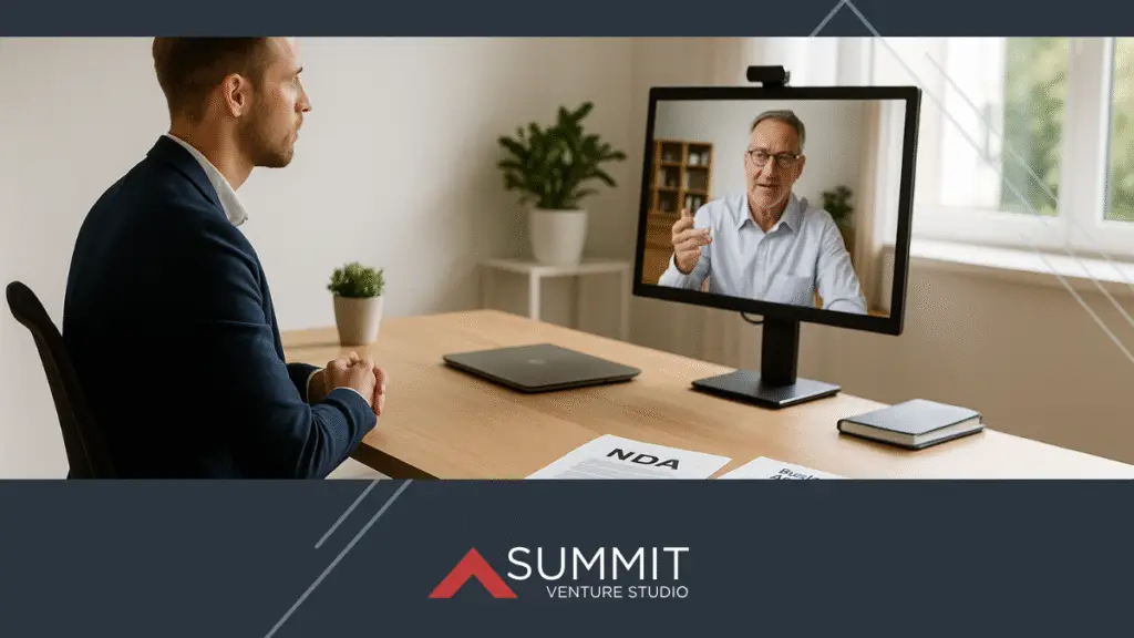 A startup founder sits at a desk on a video call with university staff, with NDA documents and project abstracts visible on the desk.