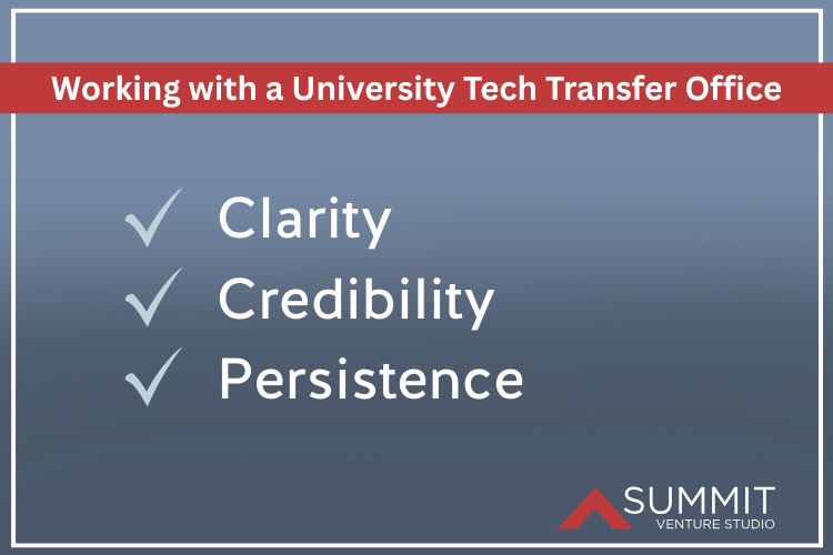 Graphic illustrating three keys to working with a university tech transfer office: clarity, credibility, and persistence, shown with checkmarks