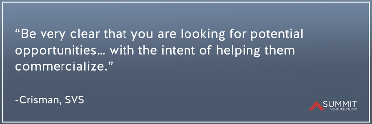 Branded graphic with quotation from Crisman at SVS: "“Be very clear that you are looking for potential opportunities… with the intent of helping them commercialize.”
