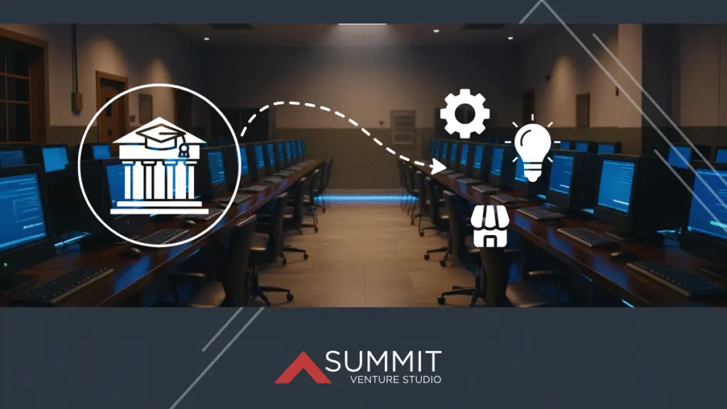 A modern computer lab scene with overlay icons showing a university building connected by a dotted line to symbols of a gear, lightbulb, and storefront, representing the journey from academic research to commercialization.