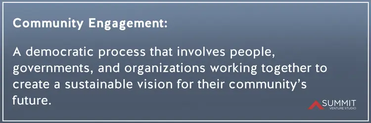 Graphic defining community engagement as a democratic process involving people, governments, and organizations collaborating to shape a sustainable community vision.