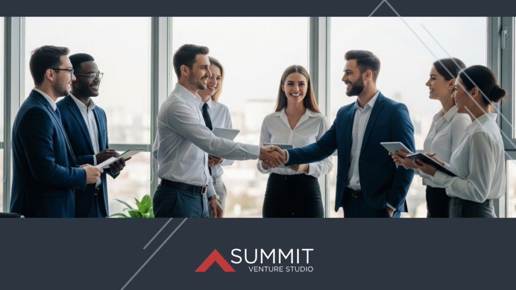 Venture studio team and university partners shaking hands in a modern office, symbolizing collaboration and successful commercialization of university innovations.