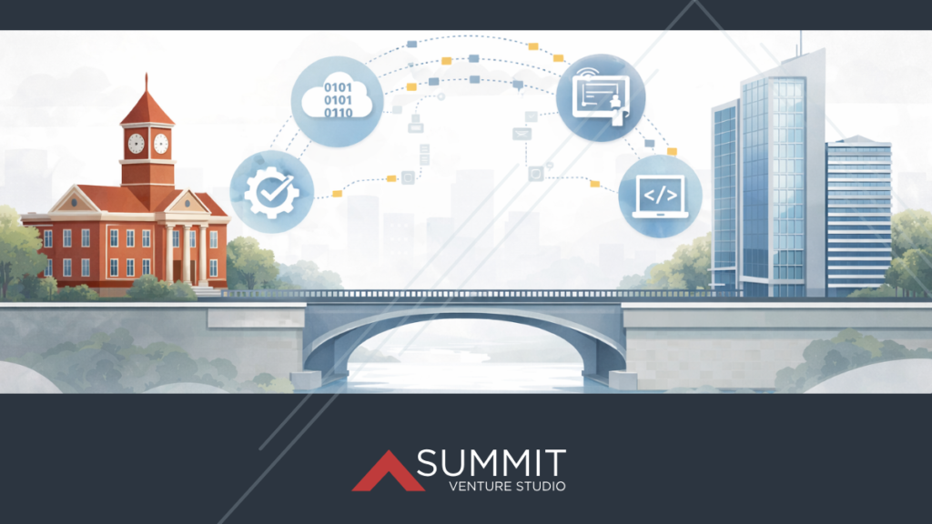 Illustration showing a bridge connecting a university campus and a corporate office, with software and data icons flowing between them.