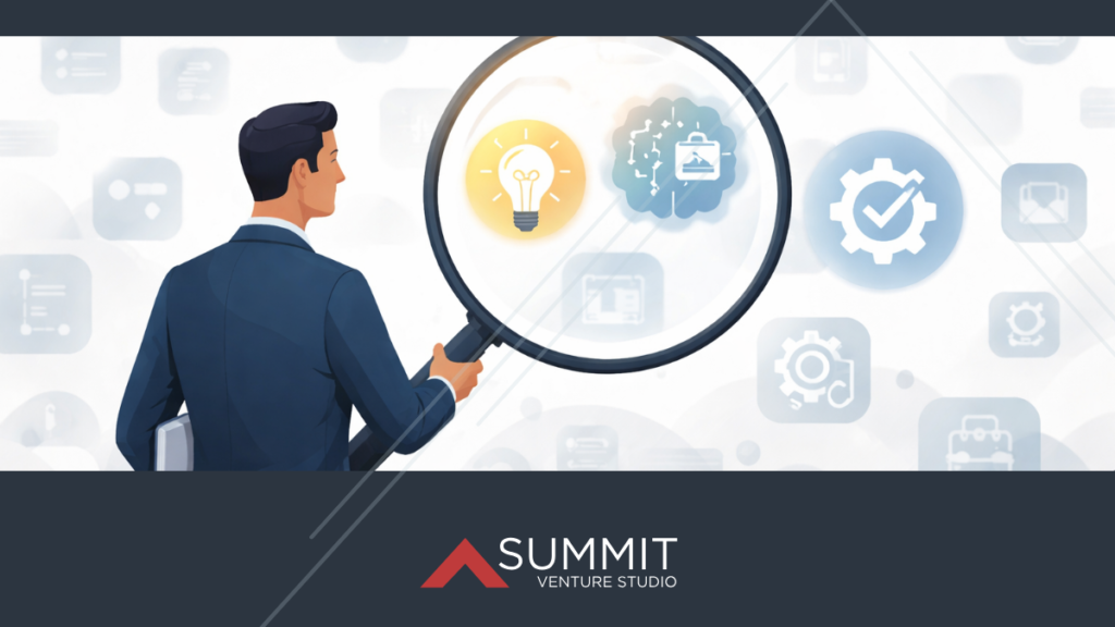 Illustration of a professional using a magnifying glass to identify high-fit technology opportunities from a crowded field of software and innovation icons.