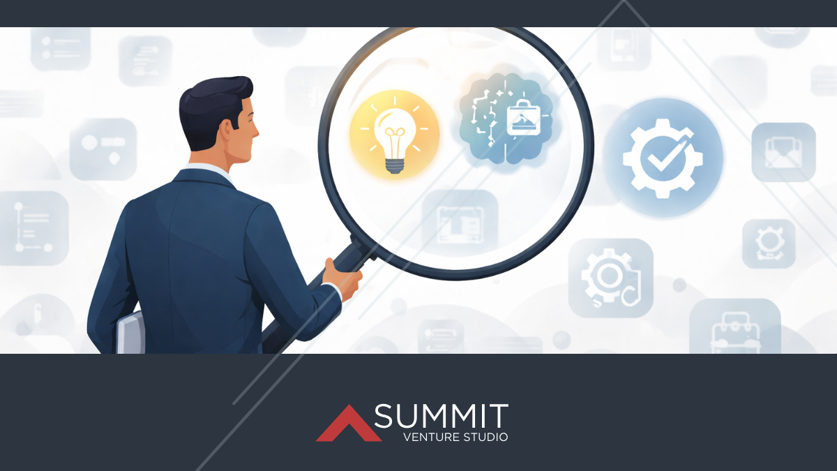 Illustration of a professional using a magnifying glass to identify high-fit technology opportunities from a crowded field of software and innovation icons.