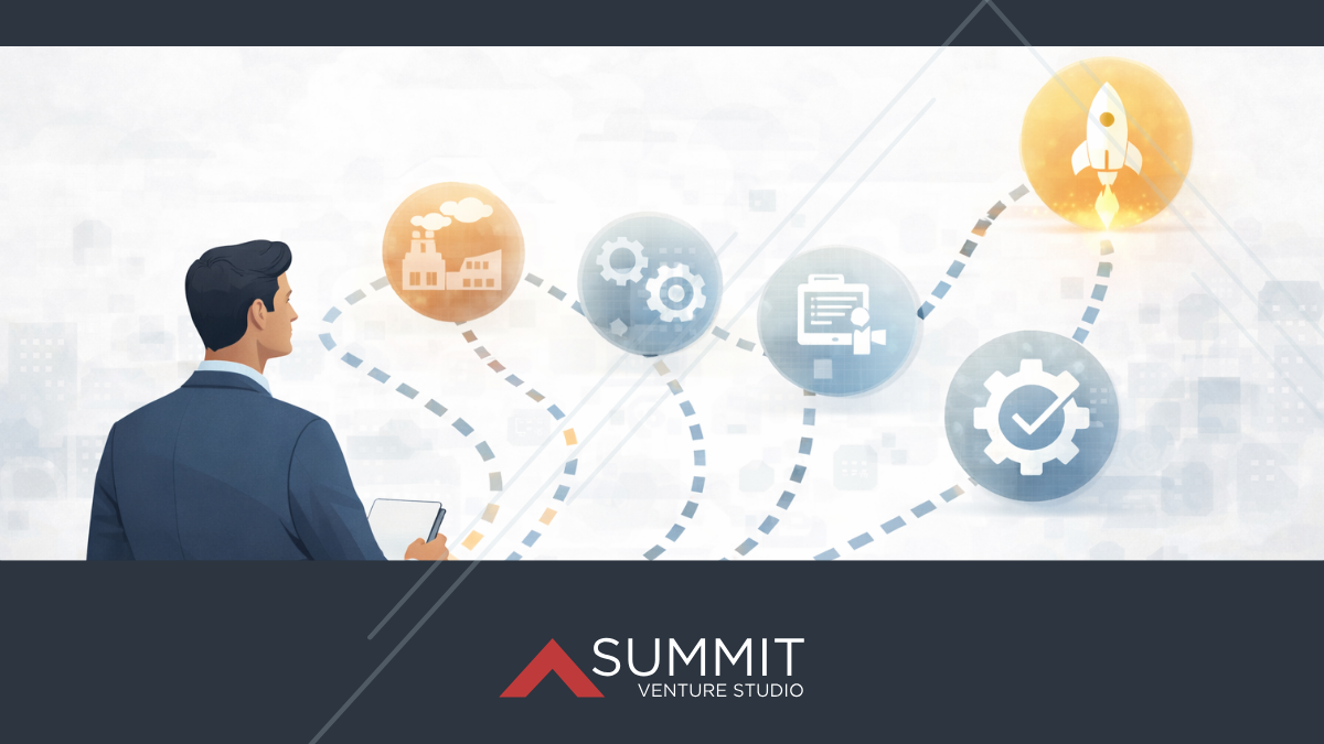 Illustration of an entrepreneur analyzing industry problem signals and software opportunities that connect along a path toward a startup launch icon.