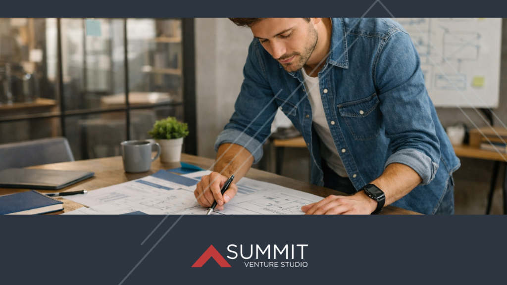 NextGen professional reviewing engineering diagrams and startup plans, representing operator-LP investing and company building at Summit Venture Studio.