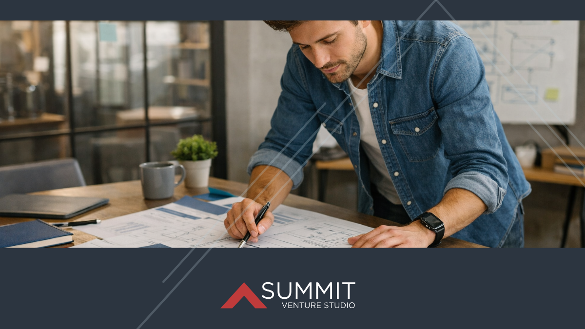 NextGen professional reviewing engineering diagrams and startup plans, representing operator-LP investing and company building at Summit Venture Studio.