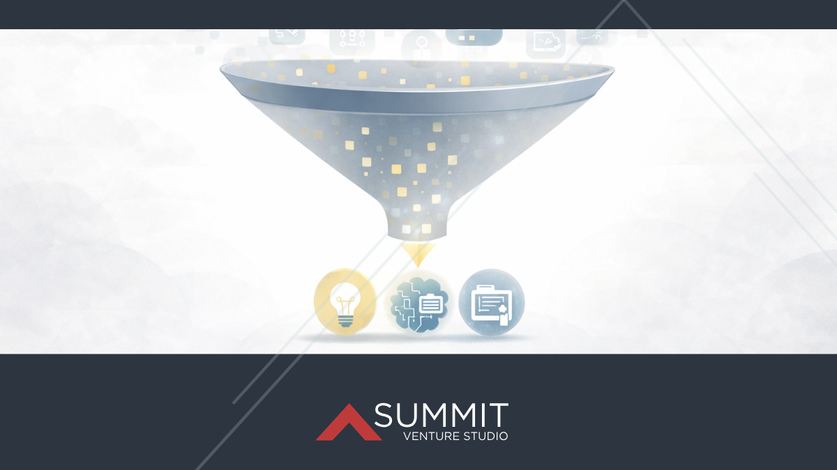 Illustration of a technology scouting funnel filtering many software signals into a small set of curated, high-fit solutions.
